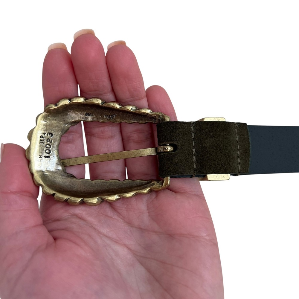 Caroll‎ Dark Green Suede Leather Western Belt Brass Gold Shell Buckle 44" Length - Picture 5 of 7